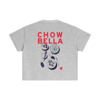 Gray t-shirt with 'CHOW BELLA' text and graphic design on a white background