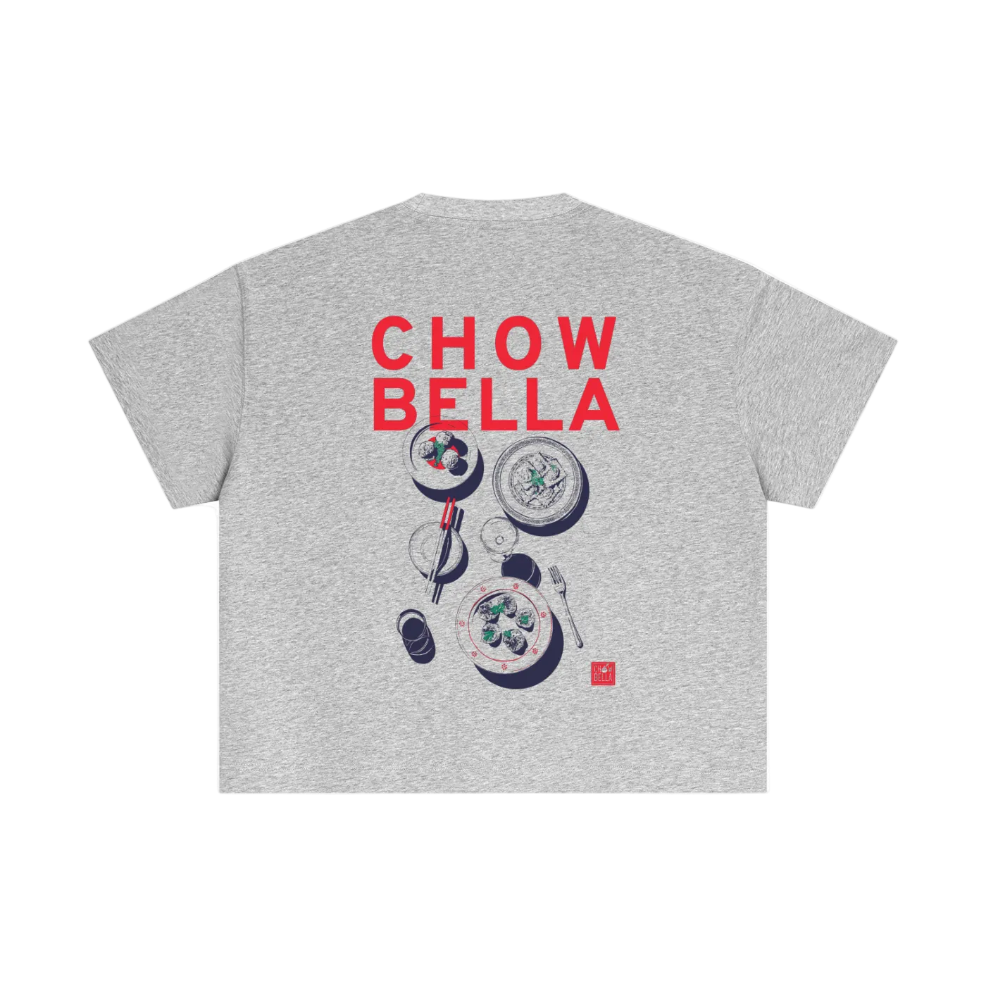 Gray t-shirt with 'CHOW BELLA' text and graphic design on a white background