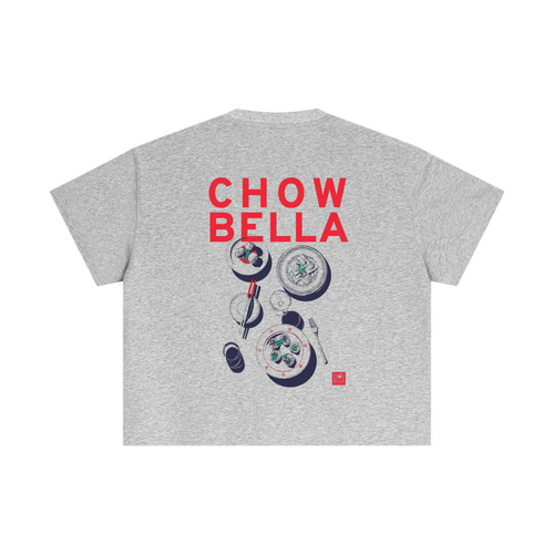 Gray t-shirt with 'CHOW BELLA' text and graphic design on a white background