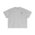 Gray t-shirt with a small red logo on a white background