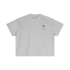 Gray t-shirt with a small red logo on a white background